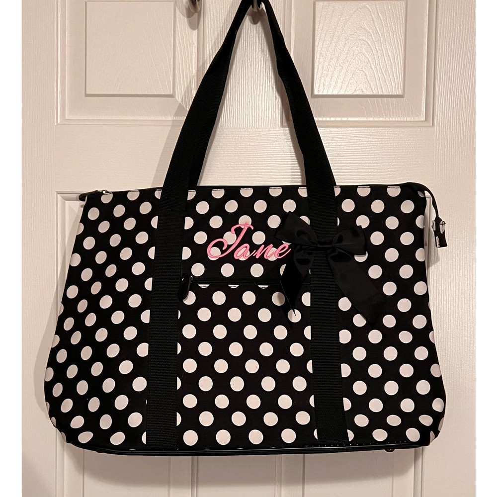 Black and White Insulated Dot Tote with Jane and a Black Bow 20" Long x 14" Tall